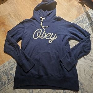 OBEY Sweatshirt Mens Large Blue Embroidered Italic “OBEY” Super Soft